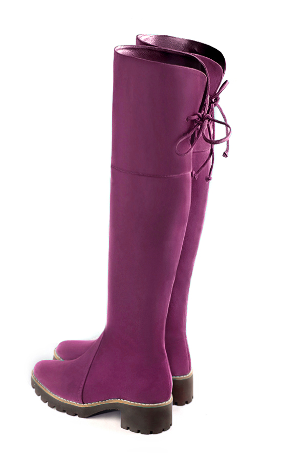 Mulberry purple women's leather thigh-high boots. Round toe. Low rubber soles. Made to measure. Rear view - Florence KOOIJMAN